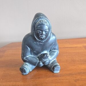 Black Resin Inuit Holding Fish Figurine